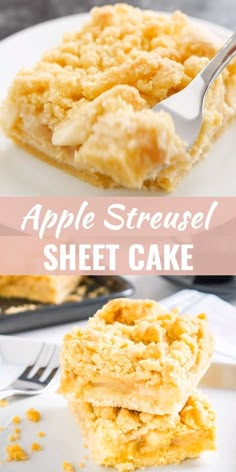 two pieces of apple streuse sheet cake on a white plate with a fork