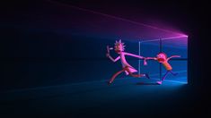 two animated figures are running through a dark room with neon lights on the walls and floor