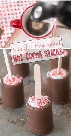 chocolate pops with marshmallows and peppermint on top for hot cocoa sticks