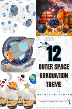 outer space themed graduation party with cupcakes, plates and napkins