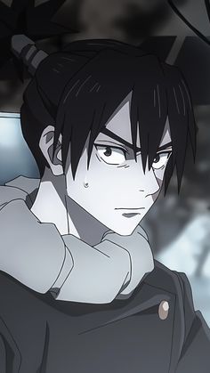 an anime character with black hair and white eyes wearing a hoodie looking at the camera