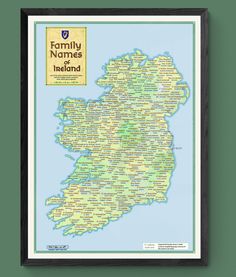 a framed map of the county of ireland with names and cities in yellow on blue