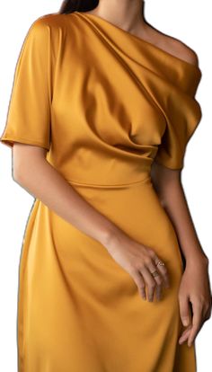 Asymmetrical Midi Dress For Wedding, Elegant Asymmetrical Hem Evening Dress For Wedding, Chic Asymmetrical Dress For Wedding, Elegant Gold Draped Dress, Elegant Draped Gold Dress, Elegant Asymmetrical Dress For Wedding Guest, Chic Wedding Evening Dress With Folds, Dressy Satin Wedding Dress, Elegant Asymmetrical Dress With Pleated Bodice