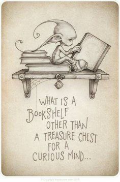 a drawing of a person sitting at a desk with a book in their lap and the words what is a bookshelf other than a treasure chest for curious mind