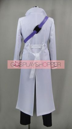 an anime cosplay is dressed in white with purple trims and black pants