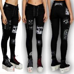 Rare! These Super Cool And Edgy, Bold Fashion Statement Jeans From Doll Kills Current Mood! It's One Of Those Always Trendy Hot Pieces That Are Easy To Throw On And Look Dope! Comes In Black And White. Designed With A Skinny Silhouette, An Adjustable Lace-Up Front Closure, A Raw Hem Waist, 5 Pockets Design, Exposed Zipper Closure On The Front Pocket And Ankles, Silvertone Hardware, White Contrast Stitching, And Amazing Stylish Patches All Over. Made From High-Quality 98% Cotton And 5% Spandex Fo Gothic Black Cotton Jeans, Edgy Fitted White Jeans, Edgy White Fitted Jeans, Fitted Grunge Cotton Bottoms, Fitted Cotton Bottoms In Grunge Style, Fitted High Rise Punk Bottoms, Gothic Stretch Cotton Bottoms, White Fitted Punk Bottoms, White Fitted Punk Style Bottoms