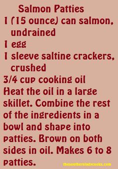 the recipe for salmon patties is shown in red and black text on a beige background