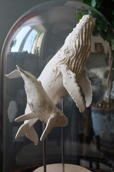 a statue of a horse is on display in a glass case with a mirror behind it