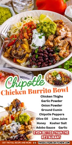 a menu for a chicken burrito bowl with black beans, tomatoes, onions and avocado