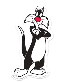 the cat sticker is black and white with red nose, arms folded up in front of it