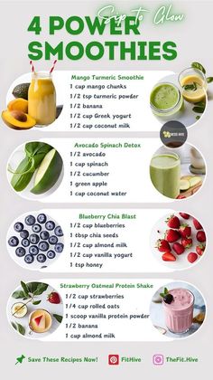 the four types of smoothies are shown in this info sheet, which shows how to make