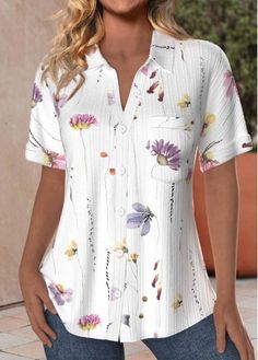 Color:White;Size:1X;Size:2X;Size:3X;Package Contents:1 X Blouse;Occasion:Other;Style:Casual; White Buttoned Summer Blouse, White Button Blouse For Summer, White Floral Print Collared Top, White Collared Top With Floral Print, White Collared Blouse With Floral Print, White Collared Blouse For Vacation, White Floral Print Shirt, Elegant Dresses Plus Size, Beach Bridesmaid Dresses