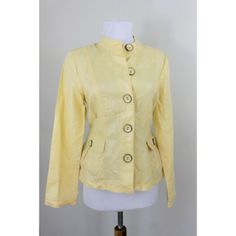 New Tags Women's Chico's Jacket- $89 Easy Sheen Jacket Is Unlined With Button Front Colors: Yellow Content: 55% Linen- 45% Cotton Condition: Perfect- New With Tags Size: Marked Women's Chico's 0 (Us Women's X-Small) Approximate Measure: Length (Top Shoulder To Bottom Hem): 23 Inches- Chest (Armpit To Armpit): 18 Inches- Actual Sleeve (Back Middle Tag, Over Shoulder, And To Cuff End): 31 Inches Item # 33026 Classic Spring Outerwear With Covered Buttons, Spring Button-up Blazer With Buttons, Fitted Outerwear With Stand Collar For Spring, Casual Stand Collar Blazer For Spring, Casual Spring Blazer With Stand Collar, Casual Blazer With Stand Collar For Spring, Spring Outerwear With Covered Buttons And Long Sleeves, Vintage Spring Blazer With Button Cuffs, Spring Long Sleeve Outerwear With Covered Buttons