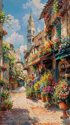 a painting of a street with flowers and buildings