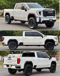 two pictures of the same white truck in different positions, one with black wheels and the other without tires