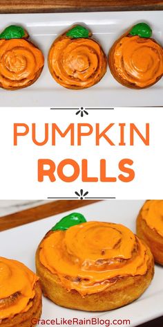 pumpkin rolls on a white plate with the words pumpkin rolls above it and below them