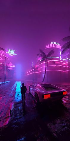 a man standing next to a car on a wet road at night with neon lights