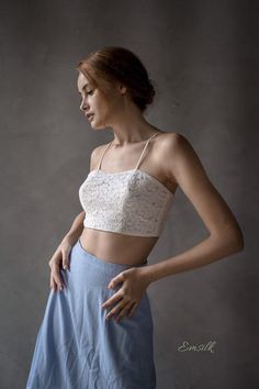 This design linen set is perfect for summer and fall!100 % designed and handmade by Emsilk. I am pleased to offer your garments made to measure at no extra cost. * Detail:- This set includes: 1 linen midi skirt with ruffles hem, 1 lace short crop top-  Sweetheart lace under top with invisible zip on the back.- Gather on hem Midi skirt- Fully lined- Invisible zipper on the back- High quality linen, washed linen, soft linen- The model is 5'8" tall and wearing size S.* Care: - Dry clean or machine Linen Midi Skirt, Skirt Linen, Linen Summer, Dress Linen, Lace Short, Crop Top And Shorts, Linen Set, Invisible Zip, Lace Crop Tops