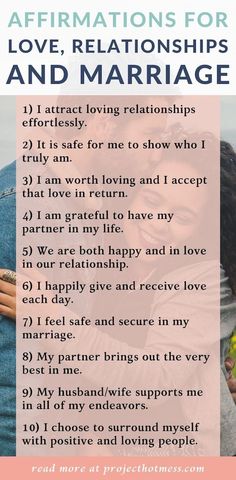 a poster with the words affirmations for love, relationships and marriage