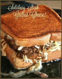 a grilled cheese sandwich on a plate with the words, salisbury steak grilled cheese