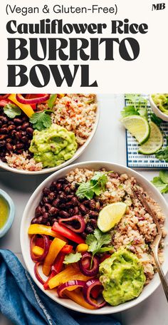 two bowls filled with black beans, rice and guacamole on top of a white table