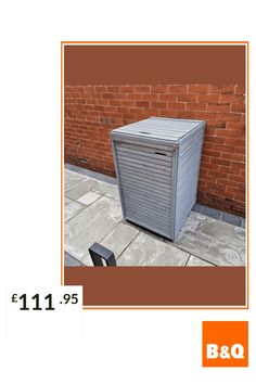 an image of a trash can next to a brick wall with the words b & q below it