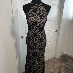 Bought This For A Wedding And Never Ended Up Wearing It. I Love It Thought, Black With Nude Under Lay. Mermaid Fit, Halter Neck Line, Very Flattering. Formal Lace Backless Evening Dress, Formal Backless Lace Evening Dress, Fitted Evening Dress With Scalloped Lace For Prom, Elegant Backless Lace Dress For Prom, Elegant Backless Lace Prom Dress, Glamorous Fitted Gown With Lace Bodice, Elegant Lace Mermaid Dress With Sweep Train, Fitted Party Gown With Scalloped Lace, Formal Backless Lace Dress