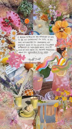 a collage of flowers and other things with a note in the middle that says,