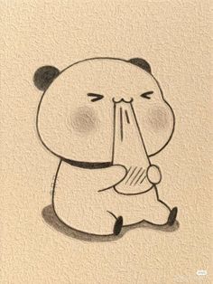 a black and white drawing of a bear holding something in its mouth with one hand