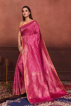 Shop beautiful pink Katan silk Banarasi saree online in USA with zari work. Look your best on festive occasions in latest designer sarees, pure silk saris, Kanchipuram silk sarees, handwoven sarees, tussar silk sarees, embroidered saris from Pure Elegance Indian clothing store in USA.-full view Silk Banarasi Saree, Tussar Silk Sarees, Indian Clothing Store, Latest Designer Sarees, Fashion Journals, Katan Silk, Tussar Silk Saree, Banarasi Saree, Zari Work