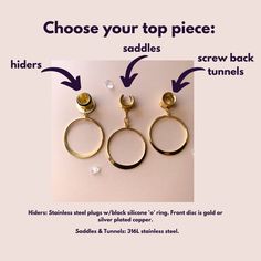 2g (6mm) - 1 3/16 (30mm) 18k Gold Hoop Saddles Drop Dangle Earrings Gauges/Earplugs Plugs. PLEASE read section regarding sizing before purchasing as due to sensitive nature of my products (body jewelry) as I cannot accept returns of exchanges. The details: -Your choice of top portion: hider, saddle or screw back tunnels. -Features 18k gold hoop and 18k jump rings. -Dangle portion (hoop) is 44x40. -All earrings are assembled by hand and sold in pairs. -Available from 2g (6mm) to 30mm. -Each earri Internally Threaded Dangle Hoop Earrings As Gift, Internally Threaded Hoop Plug Earrings As Gift, Internally Threaded Metal Hoop Earrings For Gift, Internally Threaded Hoop Earrings As A Gift, Nickel-free Minimalist Hoop Plug Earrings, Earrings Gauges, Gauged Earrings, Earplugs, Drop Dangle Earrings