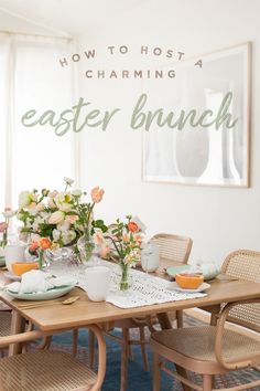 an easter brunch with flowers in vases and plates on the dining room table