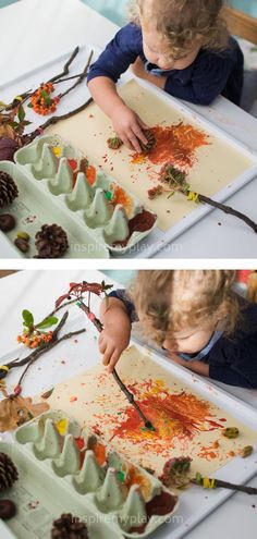 two pictures of a child making an autumn scene with leaves and pine cones on paper