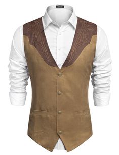 PRICES MAY VARY. HIGH QUALITY-This Men's Cowhide Suede Vest ,high quality fabric blend made; Soft, elastic resistant washing and durability. DESIGN- Men's Leather Vest ,Authentic western style leather vest, with well make, design perfect details ,front have four Button Closures and two real welt pockets. This Suede Satin Vest ,suitable for work,party,ball,wedding,date,daily look ，rider......from working the ranch to working a cocktail party! Men's waistcoat vest can match with dress shirt, jacke Suede Vest Outfit, Mens Western Style, Western Vest, Mens Waistcoat, Leather Suit, Vest Waistcoat, Men Suede, Casual Vest, Vest Outfits