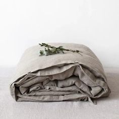 an unmade bed with a plant on top of it and sheets folded over the edge