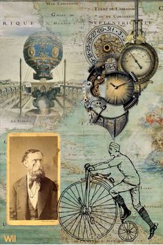 an old timey collage with clocks, pictures and other things to see on this page