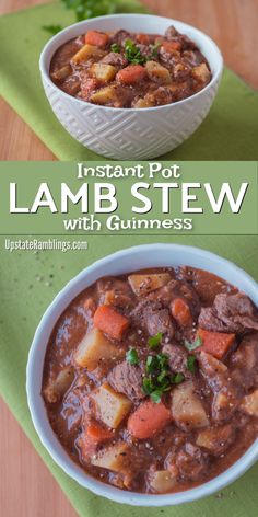 instant pot lamb stew with guinness in a white bowl on a green placemat next to a wooden spoon