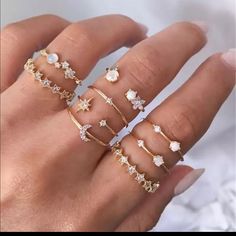 New! Moon Star Crystal Midi Knuckles Ring Set Some Of The Rings Are Resizable! Materials: Alloy/Crystal Very Cute And Fashionable! Includes 9 Rings Moon And Star Ring, Gold Color Ring, Knuckle Ring, Bohemian Rings, Crystal Stars, Finger Rings, Rings Set, Cute Rings, Hand Jewelry