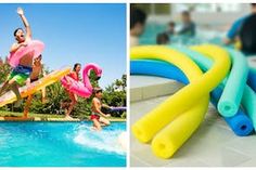 two pictures with people in the pool and one has water toys for kids to play on