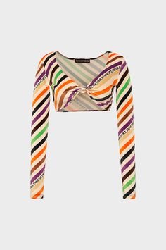 Diagonal striped long sleeve crop top. Fit runs true to size Lightweight, non-stretchy fabric Slip on Stripe printed long sleeve top Transparent bead on front This item is Final Sale. Luxury Fitted Multicolor Tops, Luxury Striped Tops, Luxury Multicolor Stretch Tops, Luxury Oversized Multicolor Top, Striped Long Sleeve Crop Top For Fall, Multicolor Long Sleeve Stretch Crop Top, Multicolor Stretch Long Sleeve Crop Top, Striped Cropped Top For Fall, Beaded Crop Top