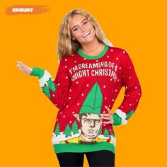 a woman wearing an ugly christmas sweater