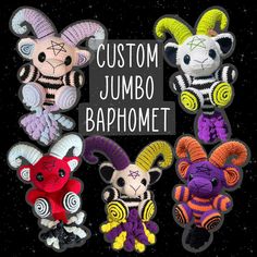 some very cute little stuffed animals on a black background with the words custom jumbo baphomet