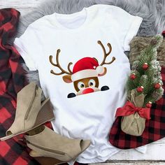 Cheap Christmas T-shirt With Cartoon Print, Cheap Cartoon Print T-shirt For Winter, Kawaii Reindeer, Mom And Me, Double 11, Fashion Christmas, Shirts Women Fashion, Casual Summer Shorts, Printed T Shirts