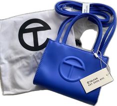 Navy Blue Telfar Bag Outfit, Telfar Cobalt, Blue Telfar Bag, Blue Rectangular Shoulder Bag With Logo, Telfar Bags, Blue Rectangular Shoulder Bag With Anti-theft Pocket, Pool Bags, Small Crossbody, Shopper Bag