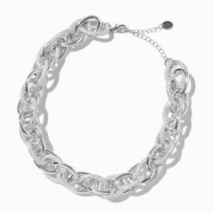 Silver-tone Textured Mega Link Chain Necklace Chunky Metal Chain Link Necklace, Silver Chunky Metal Chain Necklace, Silver Chunky Chain Link Necklaces, Silver Chunky Chain Necklace For Party, Silver Chunky Link Chain Necklace, Silver Chain Link Necklace With Lobster Clasp, Silver Metal Cable Chain Necklace, Silver Chain Necklace With Lobster Clasp For Party, Silver Chunky Chain Choker Necklace