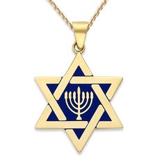 a gold and blue star of david necklace with an image of a menorah on it