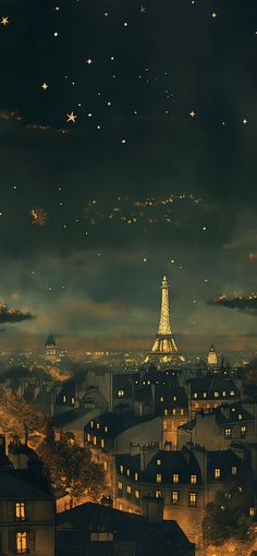 the eiffel tower is lit up at night with stars in the sky above