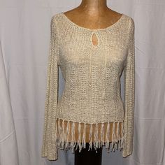 Max Studio Knit Fringe Keyhole Sweater Cream Color Size Small New Without Tag Stretch Cream Knit Sweater, Bohemian Knit Top For Fall, Bohemian Crochet Long Sleeve Top With Textured Knit, Bohemian Long Sleeve Knitted Top, Stretch Knit Crochet Top For Fall, Stretch Crochet Top With Knit Fabrication For Fall, Stretch Crochet Top For Fall, Bohemian Open Knit Top For Winter, Bohemian Winter Open Knit Top