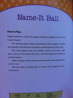 an open book with instructions for how to play the game called name - it ball