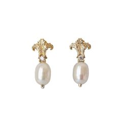 Acanthus Pearl Studs in 14K, 18K Gold and Platinum – Tippy Taste Jewelry Classic Baroque Jewelry With Pearl Drop, Classic Baroque Pearl Drop Jewelry, Elegant Gold Pearl Earrings With Diamond Accents, Elegant Baroque Jewelry With 17 Jewels, Elegant Yellow Gold Baroque Jewelry, Wedding Pearl Earrings With Diamond Accents In 14k Gold, Timeless Gold Diamond Pearl Earrings, Luxury Gold Pearl Earrings With Diamond Accents, 14k Gold Pearl Earrings With Diamond Accents For Wedding